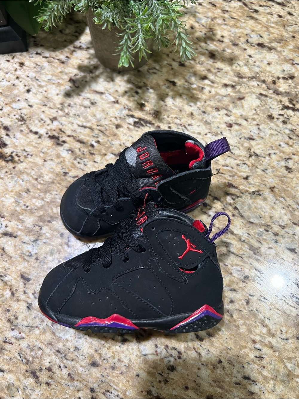 Jordan 7 Retro TD Raptors Black Sneakers with Red and Purple Accents 6.5C